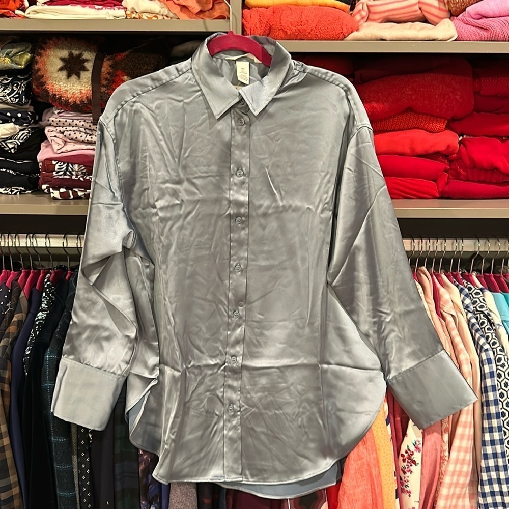 H&M satiny blue oversized size S long sleeved button down shirt. NWT